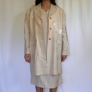 Cynthia Taylor Vintage Tan Floral Embroidered Dress Suit Set Linen Blend